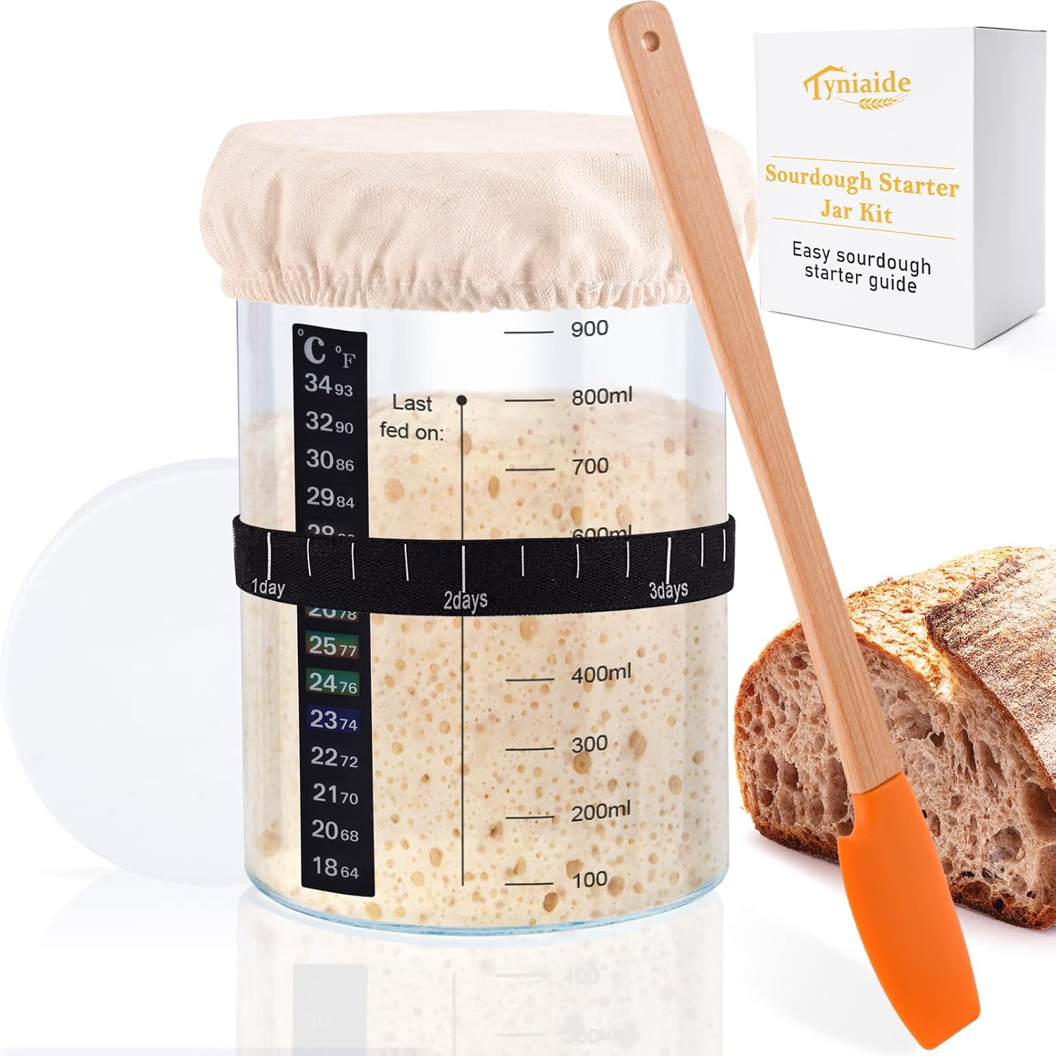 Tyniaide Sourdough Starter Jar Kit, 35 Oz Sourdough Starter Jar With Thermometer