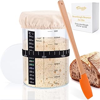 Tyniaide 35 Oz Sourdough Starter Jar Kit With Thermometer, Silicone Scraper, Cloth Cover And Lid. Reusable Sour Dough Star...