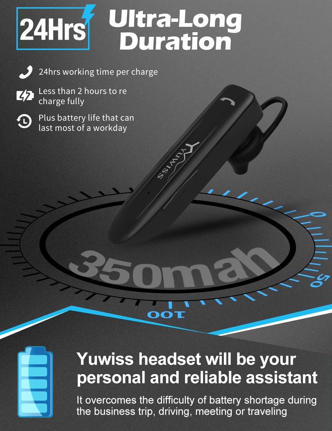 YW YUWISS Bluetooth Earpiece for Cell Phone with Mic Wireless in Ear Earbud Headphones Car Headset with 20 Hours Noise Canceling Hands Free Calling Compatible Driving, iPhone, Samsung