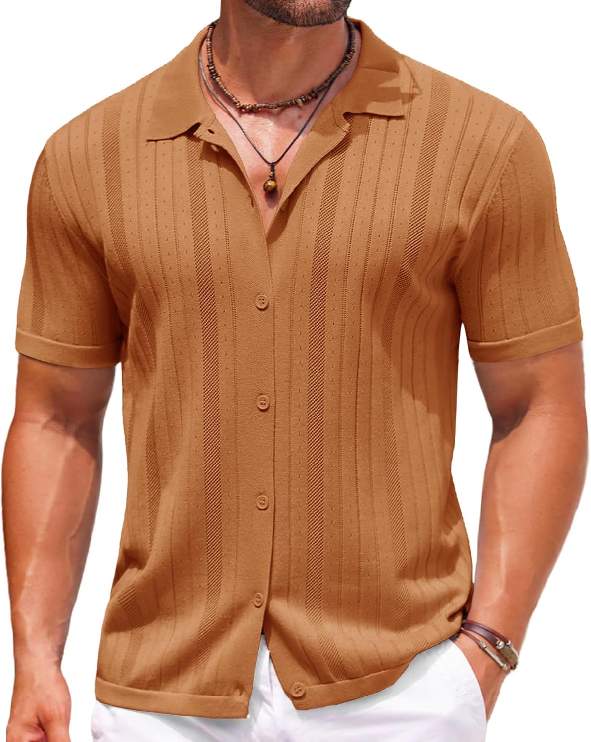 COOFANDY Mens Knit Button Down Shirts Crochet Polo Shirts Vintage Short Sleeve Textured Shirts Summer Beach Tops