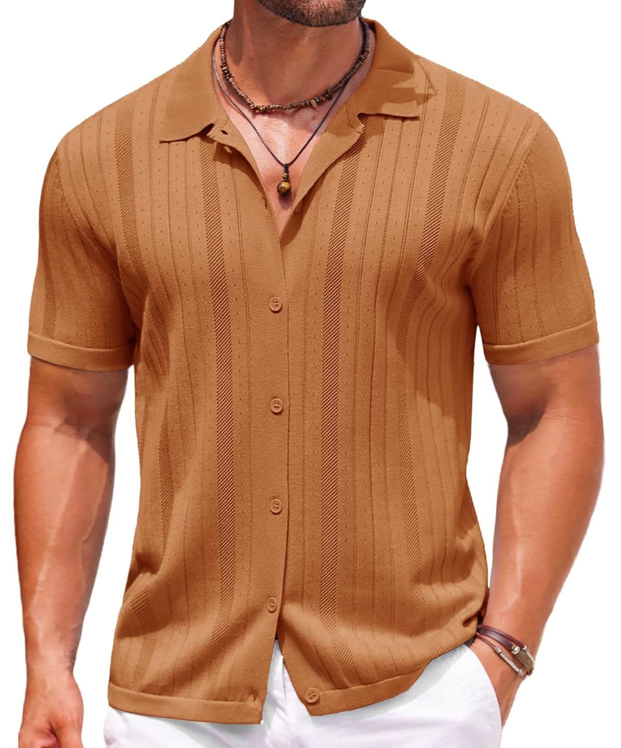 COOFANDY Camisa polo masculina de tricô com botões de crochê, vintage, manga curta, texturizada, verão, praia, tops