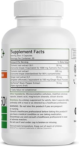 Miniatura 2 de Bronson Cúrcuma + jengibre extra fuerte apoyo para la salud y la digestión de las articulaciones con BioPerine, sin OMG, 60 cápsulas vegetarianas