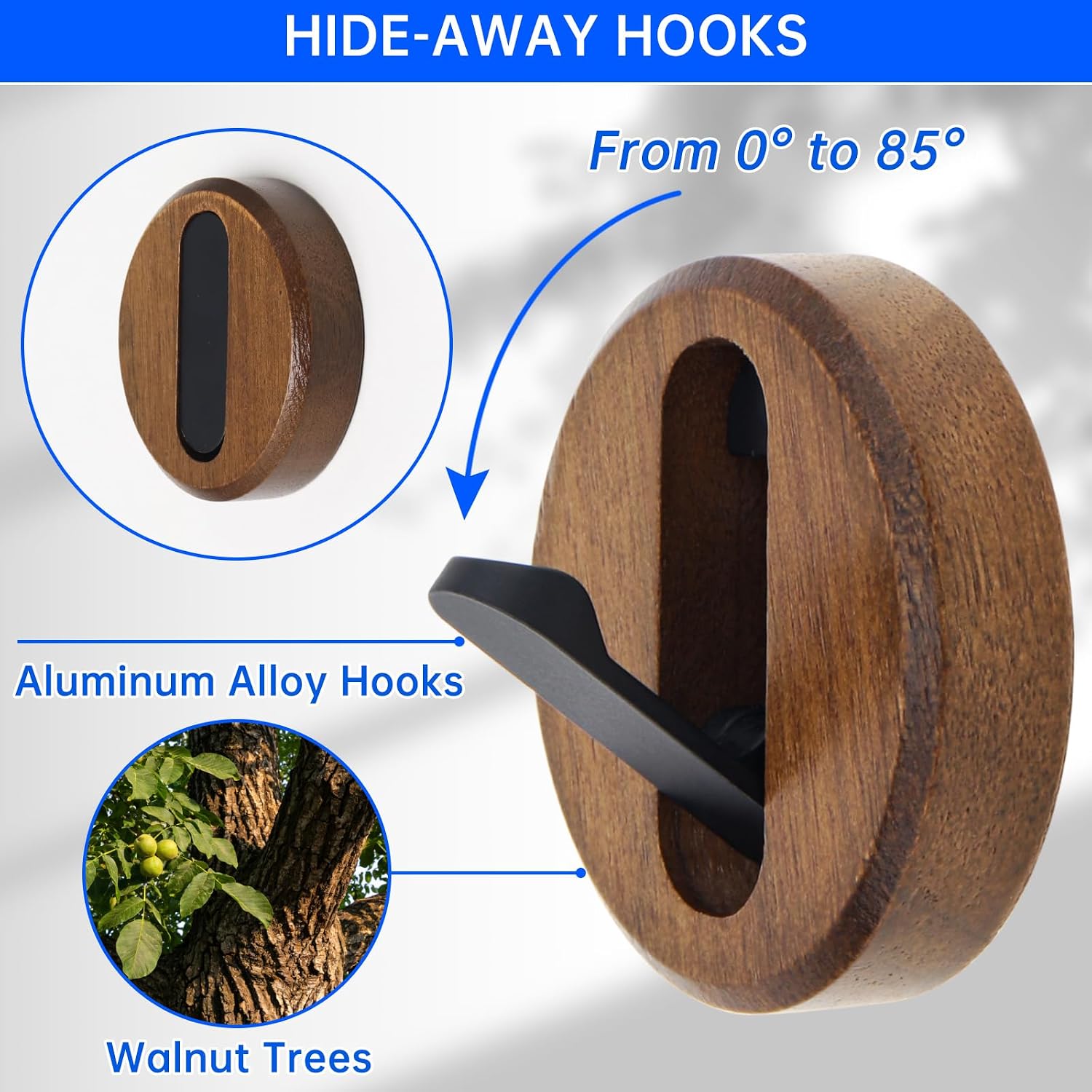 4 Pack Foldable Wood Wall Hooks,2-3/8 Round Walnut Coat Hook Wall Mounted | Minimalist Coat Rack for Hanging Towels Backpack Bags Hat, Space Saving for Entryway, Hallway, Bathroom, Living Room, Bedroom
