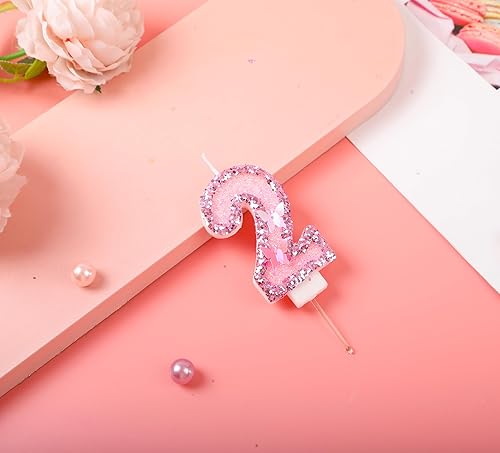 Miniatura 7 de Kinsynko Vela número 2 para pasteles de cumpleaños, diseño de mariposa 3D rosa con lentejuelas rosadas, vela de cumpleaños para princesa, niña, 2