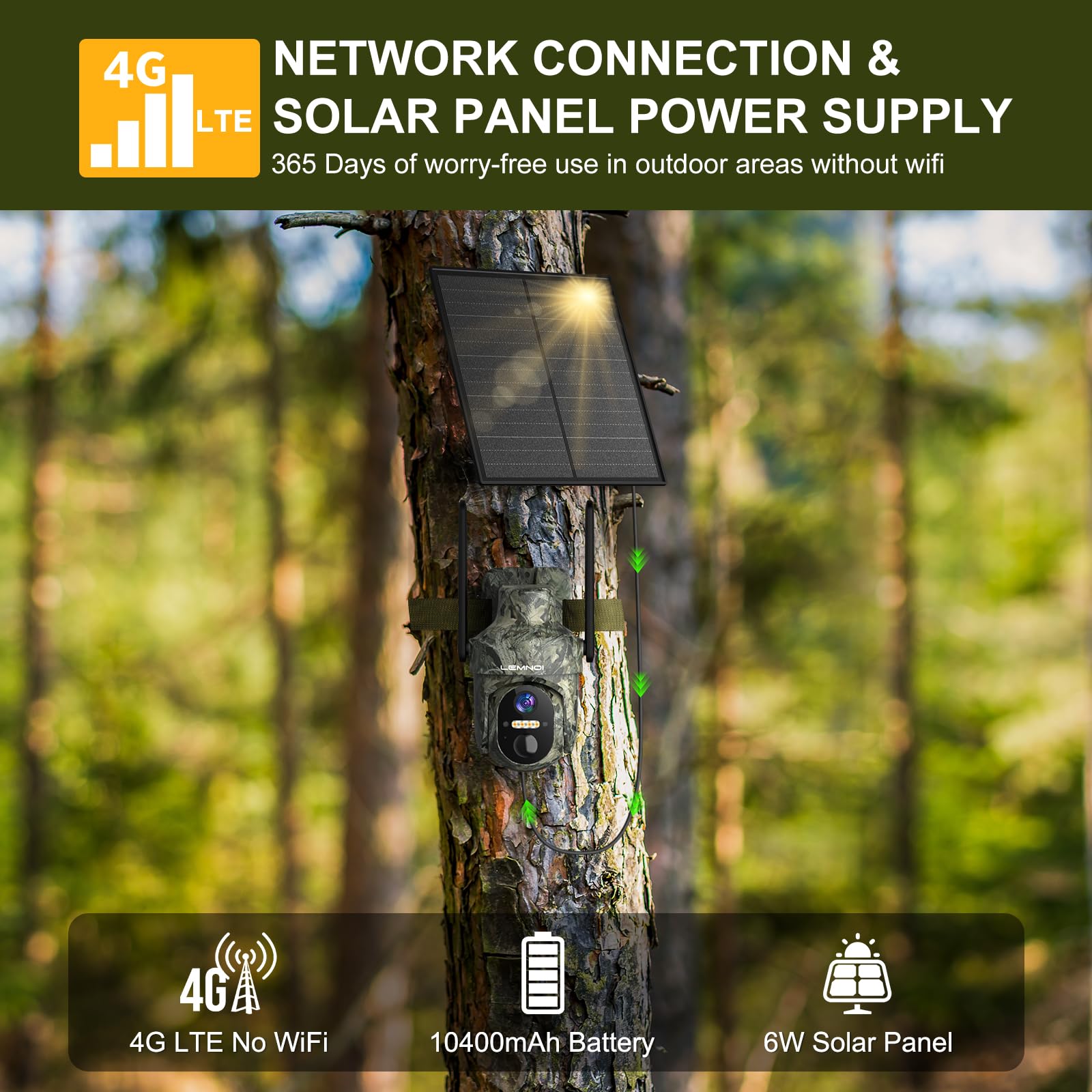 LEMNOI 4G LTE Cámara Caza Solar con Tarjeta SIM Preinstalado, 4G Cámara Vigilancia Exterior con Detección con Visión Nocturna en Color Starlight, PTZ 360°, Audio Bidireccional, IP66 Impermeable