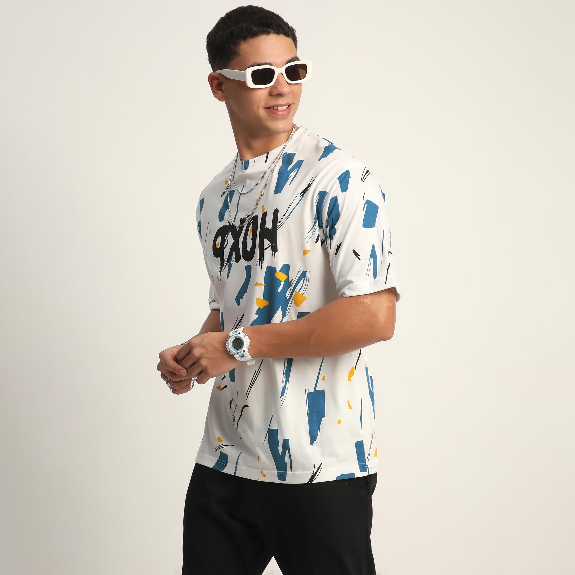 THALASI® T-shirt girocollo oversize in puro cotone con stampa su tutta la superficie, bianca, blu e con spalle cadenti, maglietta con maniche lunghe in stile bohémien, per uomini e ragazzi