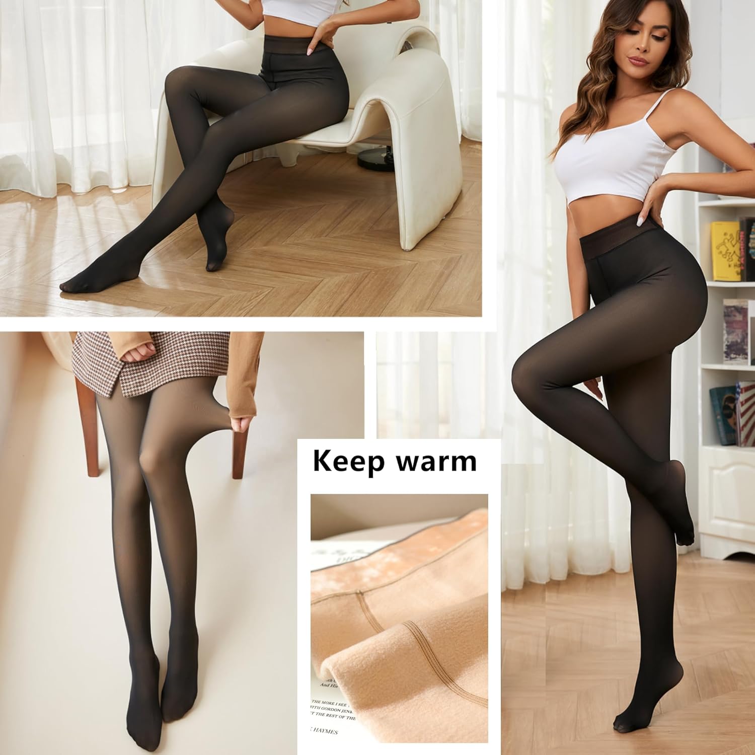 2025 One-Seam More Warmth Women Fleece Lined Tights Fake Translucent High Waist Thermal Pantyhose Sheer Legging - Image 6