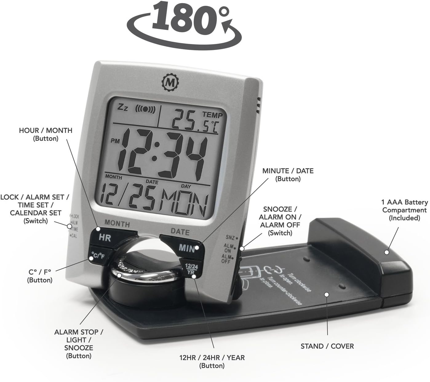 MARATHON Travel Alarm Clock with Calendar & Temperature