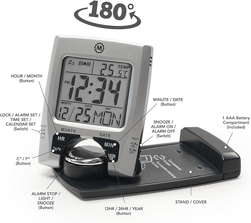 Miniatura 4 de MARATHON Reloj despertador con calendario y temperatura para viaje CL030023 - batería incluida