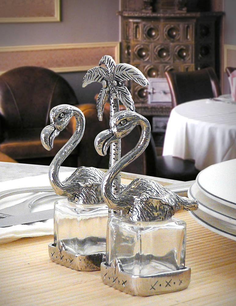 Flamingo and Tropical Palm Tree Pewter and Glass Salt Pepper Shaker Set, Made in the USA