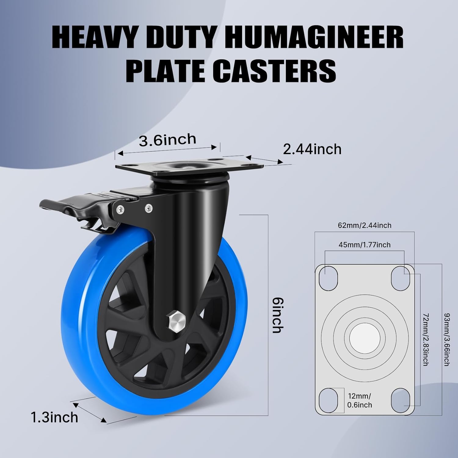 6 Inch Casters Set of 4 Heavy Duty with Safety Double Brake, Swivel Caster Wheels 2600 LBS Capacity, No Noise Top Plate Castors for Cart, Workbench, Furniture, Equipment