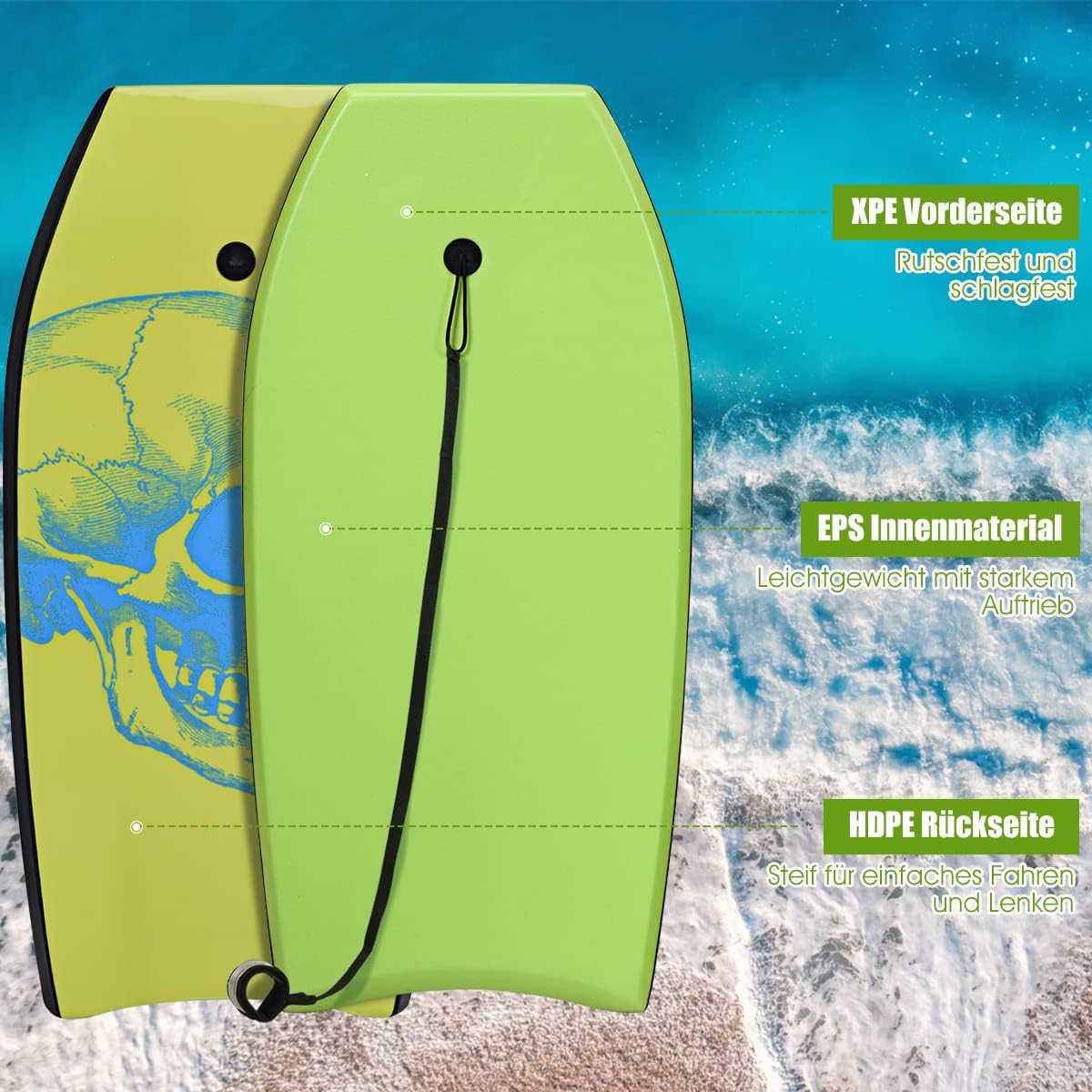 GYMAX Tabla de Surf de 105 x 51 cm, con Cuerda de Tracción, Carga Máxima: 85 kg, Tabla de Surf con Núcleo de Espuma EPS, para Niños y Adultos (Verde)