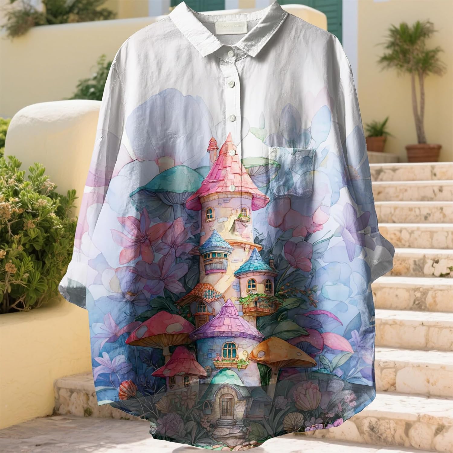 Women Funny Graphic Long Sleeve Floral Blouses Plus Size Button Shirts Casual Cute Vneck Fall Tunic Tops Trendy - Image 2