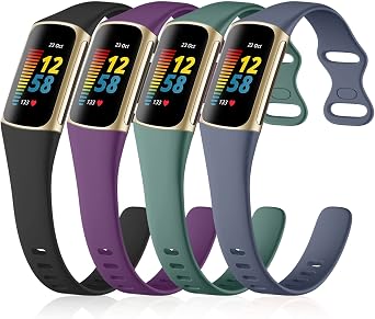 GEAK 4 Pack Slim Band Compatible with Fitbit Charge 5/Charge 6 Bands Women Men, Soft Silicone Sport Replacement Wristband for Fitbit Charge 5/Charge 6 Fitness Tracker, Black/Plum/Blue Gray/Pine Green