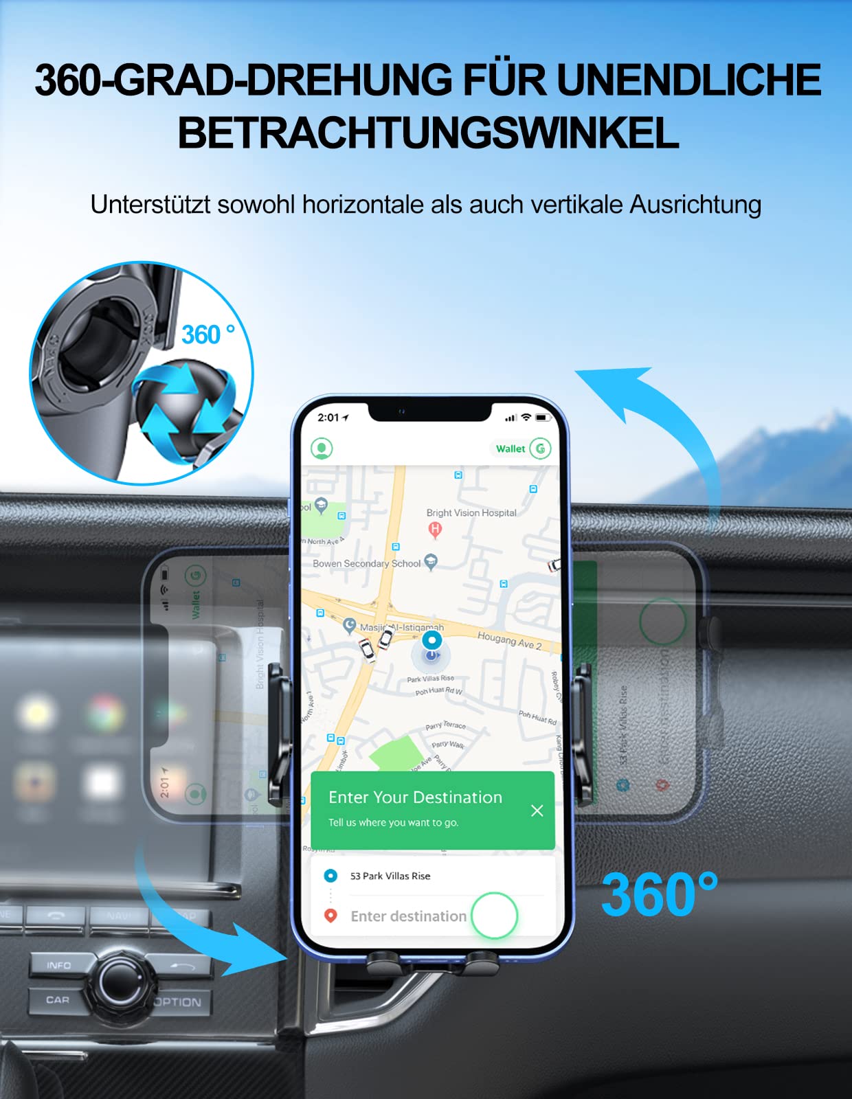 Mohard Handyhalterung Auto Mit Ladefunktion, Max 15W Fast Qi Wireless Charger, 360° Drehung & Rutschen und Fallen Nie Kfz Induktive Ladestation für 5,4"-7" Telefon (QC3.0 Autoladegerät Inklusive)