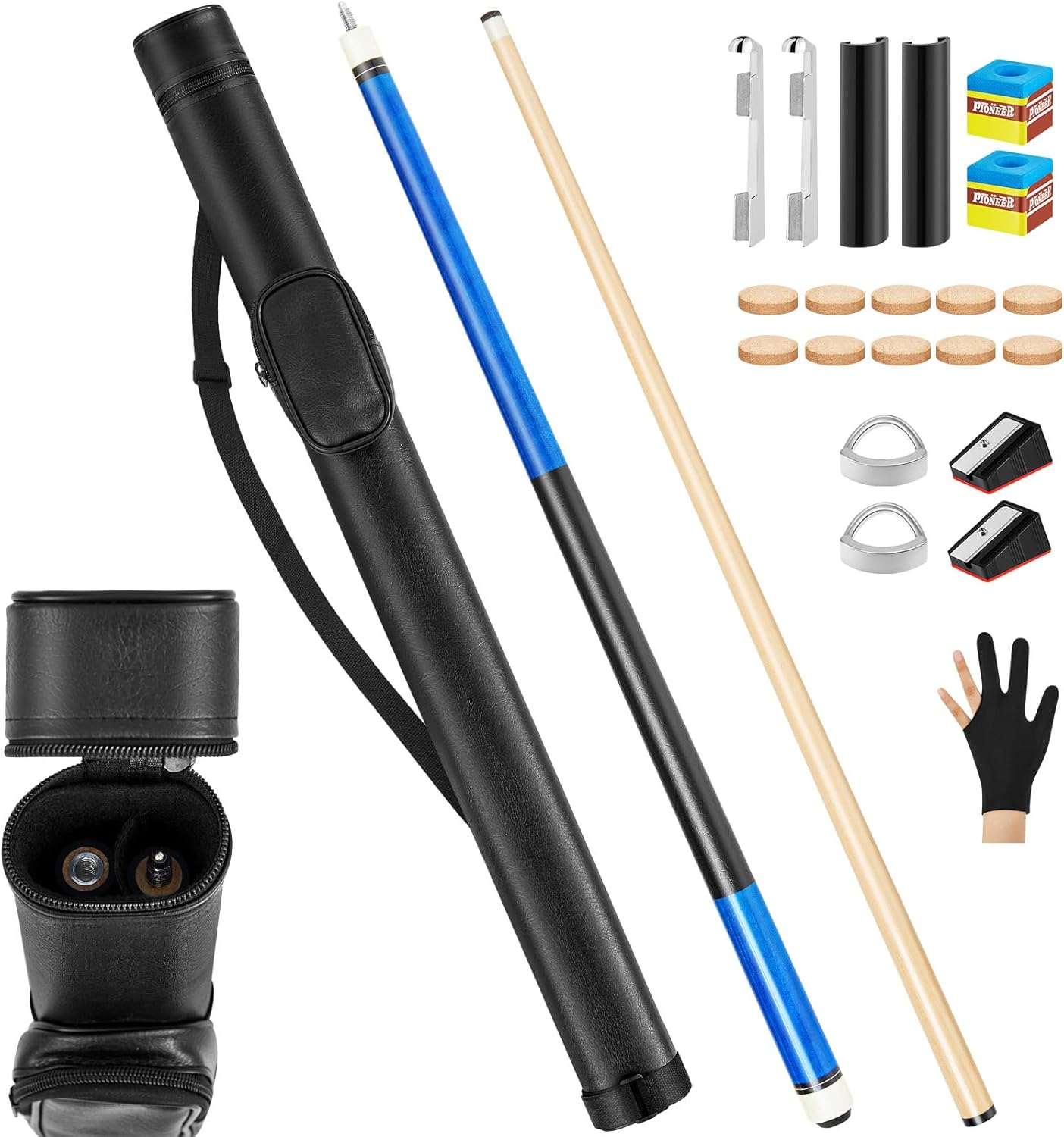 Syhood Pool Cue Sticks Case and Repair Accessories Set Including 58 Inch Maple Professional Pool Cue Sticks 13 mm Tip 1 Pool Cue Case and Pool Cue Tips Replacement Kit for Billiard Blue 1