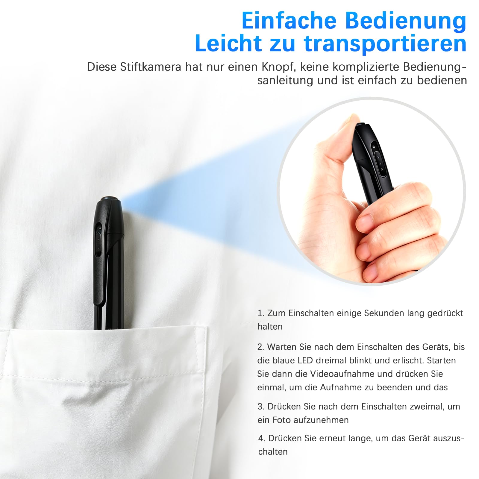 Tragbare Mini Kamera FHD1080P,2 in 1 Mini Überwachungskamera | Innen-Stiftkamera, Überwachungskamera für Innen mit 350 mAh Akku und Loop-Aufnahme