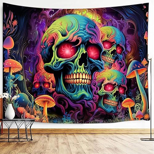 Miniatura 3 de Xiaoput Tapiz de calavera con luz negra, tapiz de esqueleto reactivo a los rayos UV para dormitorio, tapiz de pared de Halloween, decoración