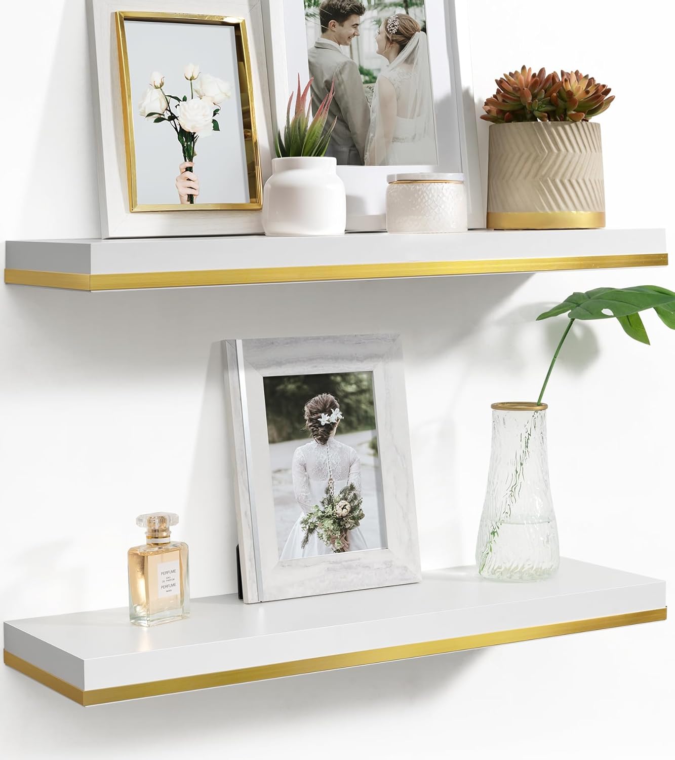 Floating Shelves for Wall,Large Deep Hanging Shelves White and Gold,24 Inch Long Wall Mounted Shelves with Invisible Brackets for Living Room Bathroom Bedroom Kitchen Shelf Decor,Set of 2 White and Gold 23.6 inch