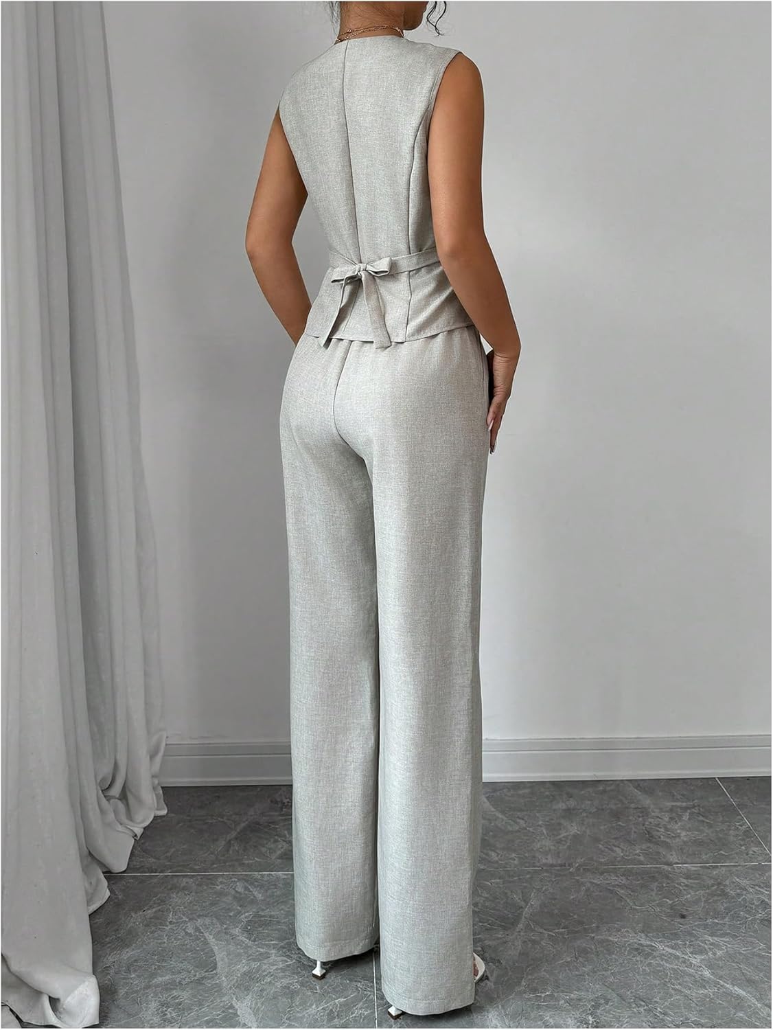 SOLY HUX Women's 2 Piece Outfits V Neck Button Down Vest Tops and High Waisted Pants Set Office Work Suit - Image 2