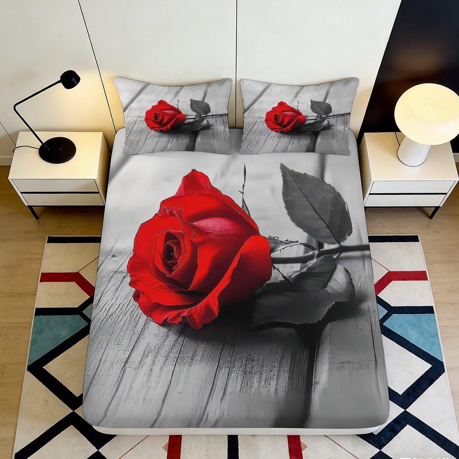 3D Printed red rose Fitted Sheet, wrinkle resistant Microfiber bed cover, stylish bedroom decor, guest room bedding, anti-slip, dustproof, easy care, washable 200x200x25cm