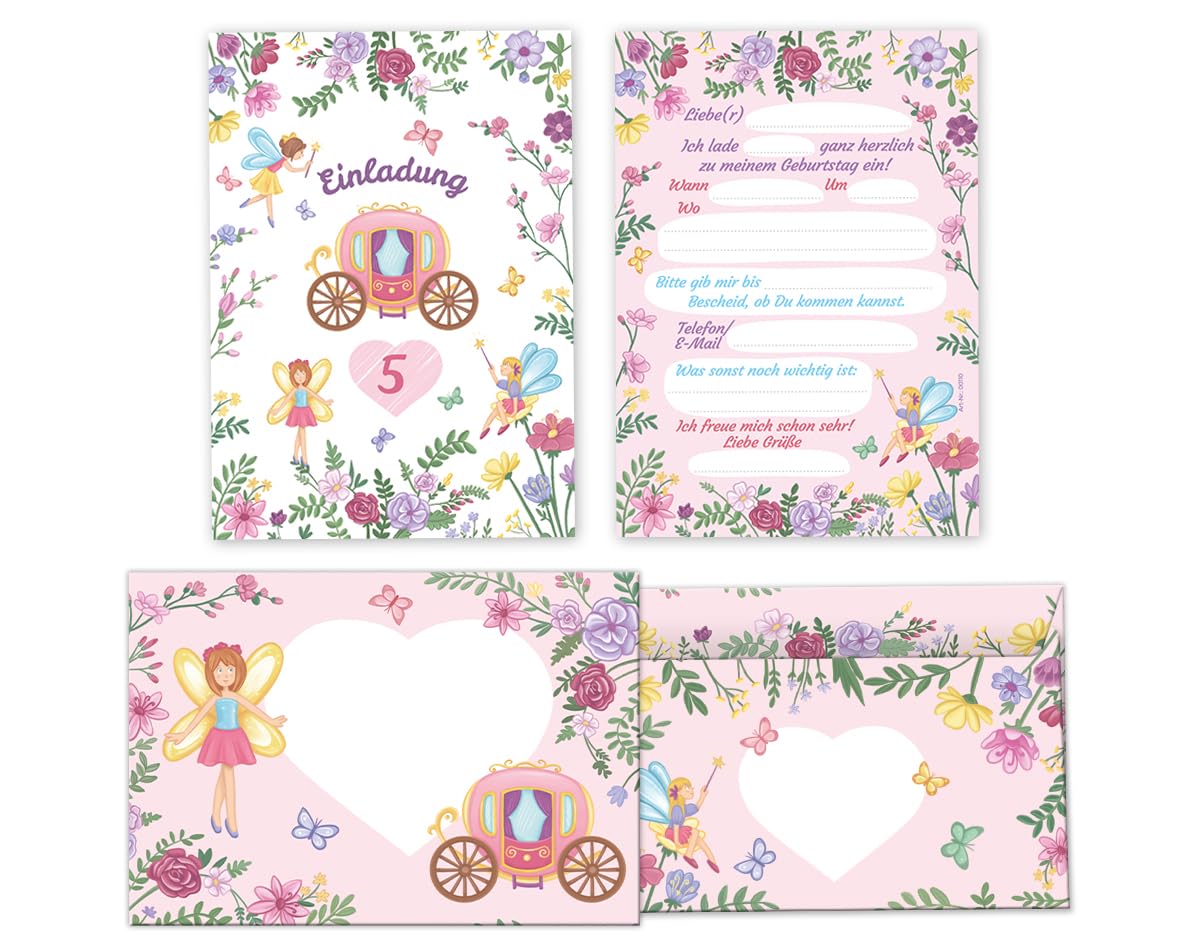Minkocards 12 Einladungskarten incl. 12 Umschläge 5. Kindergeburtstag Feen Prinzessin Mädchen Einladung fünfte Mädchengeburtstag Geburtstagseinladungen