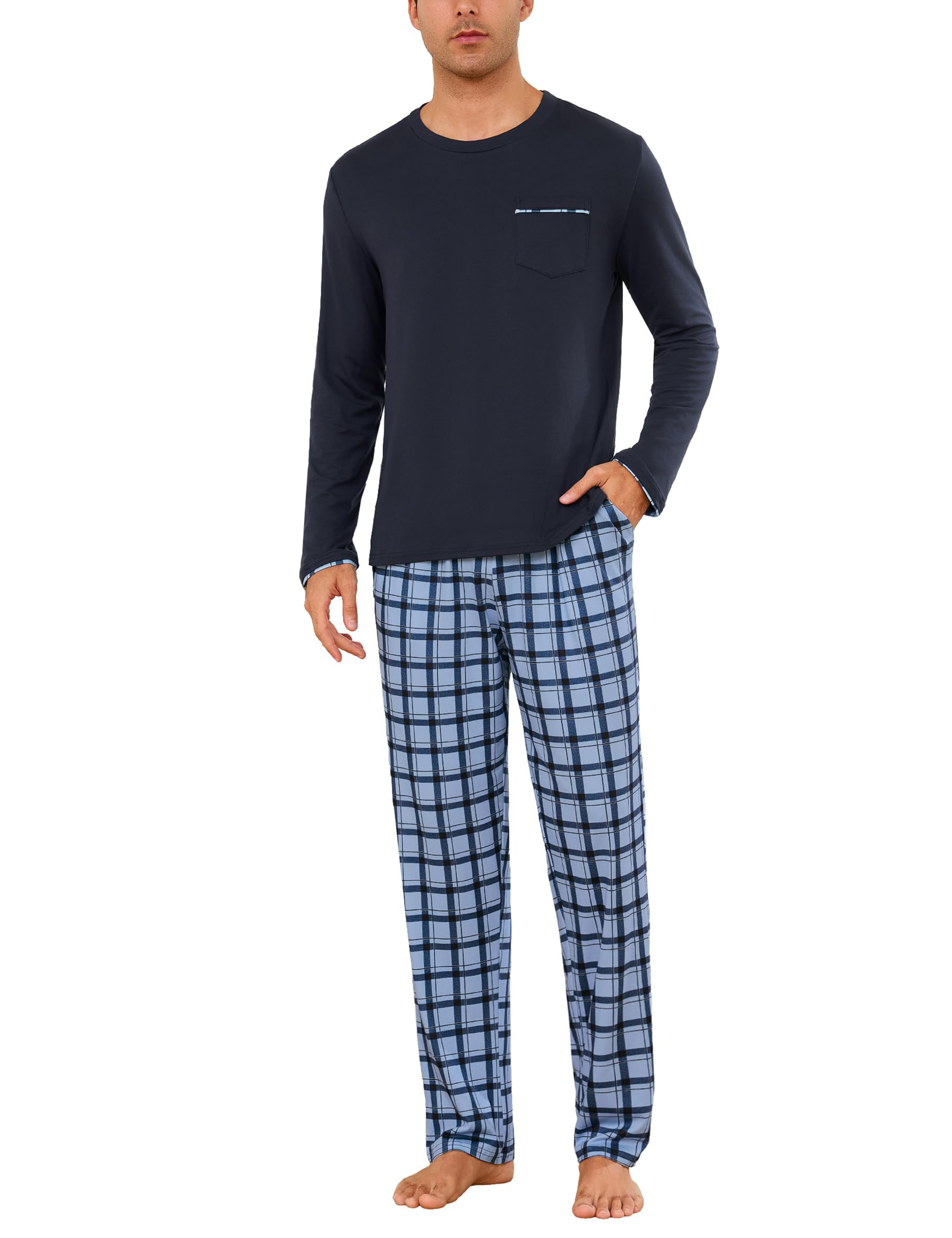 Men's Long Cotton Pyjamas with Long Checked Pyjama Bottoms, Loungewear Sleepwear Pyjamas Men's Long Sleeve S-3XL-image-17