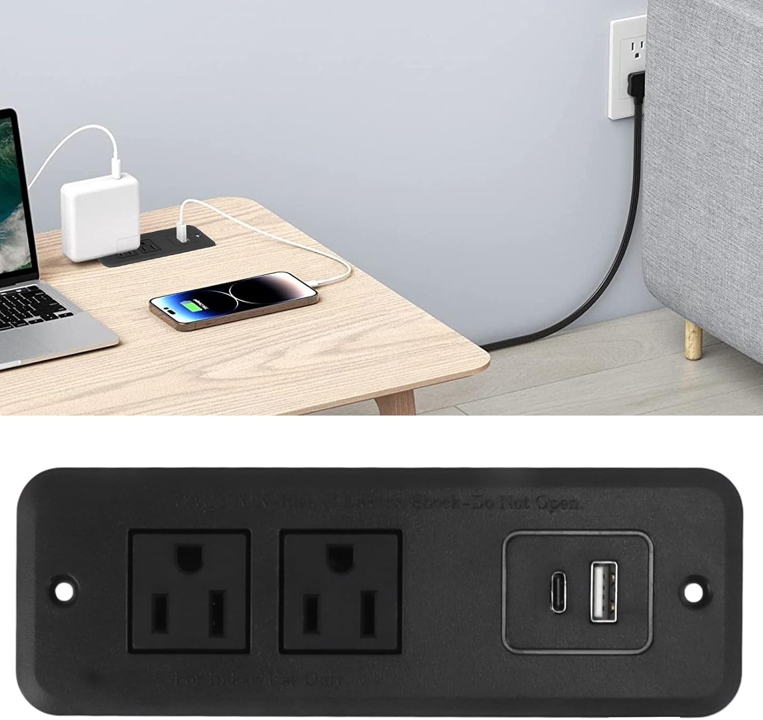 Recessed Power Strip 4 IN 1 Furniture Recessed Power Strip, Multi Outlets Power Socket US Plug 125V Type C 20W for L Shaped Corner Table Side Table, Hidden Embedded Power Strip