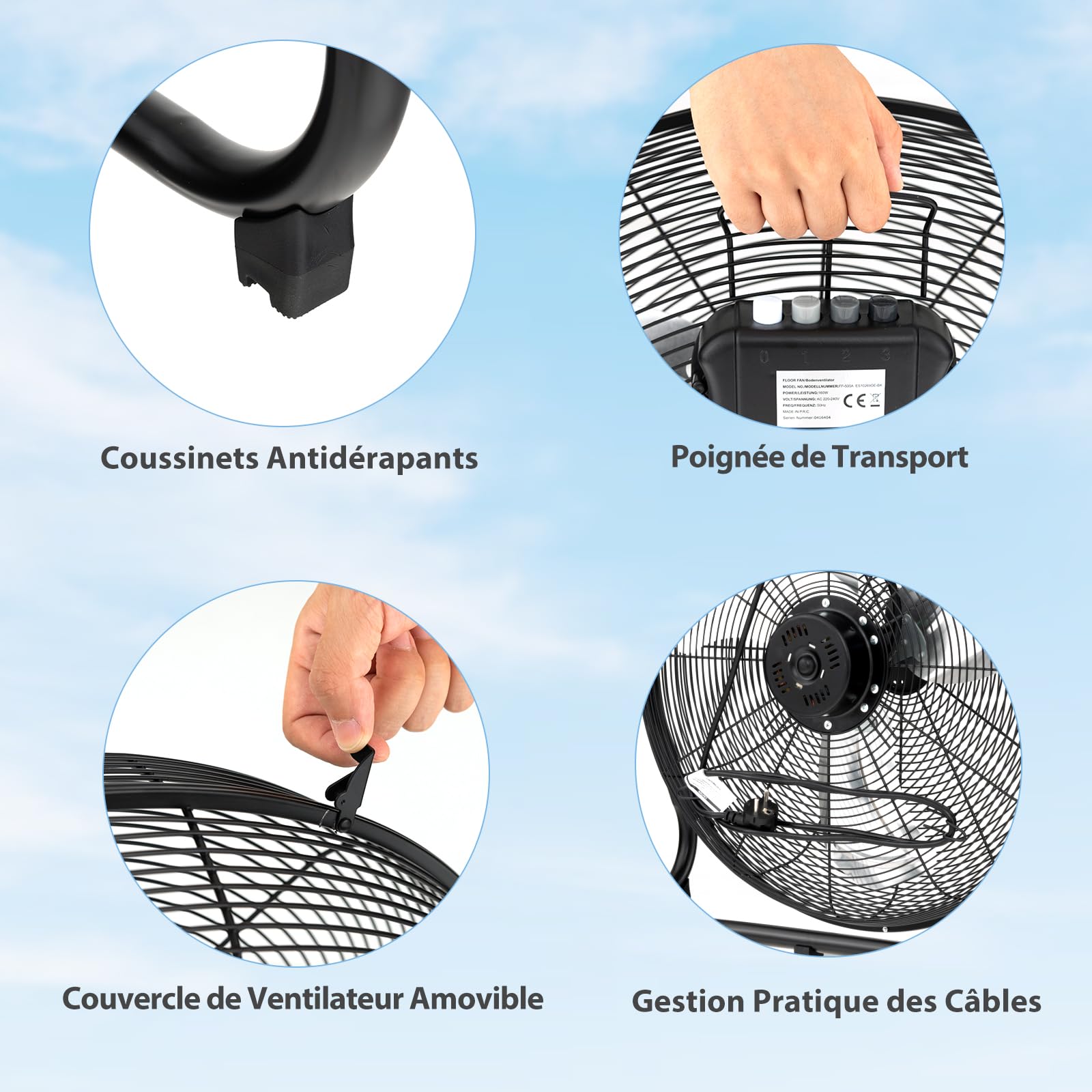SOARS Ventilateur de Sol 151,5W, 62 X 20 X 59 CM, avec 3 Niveaux de Puissance, Angle d'Inclinaison 145°, Ventilateur en Métal avec Poignée, Haut Débit d'Air, Noir