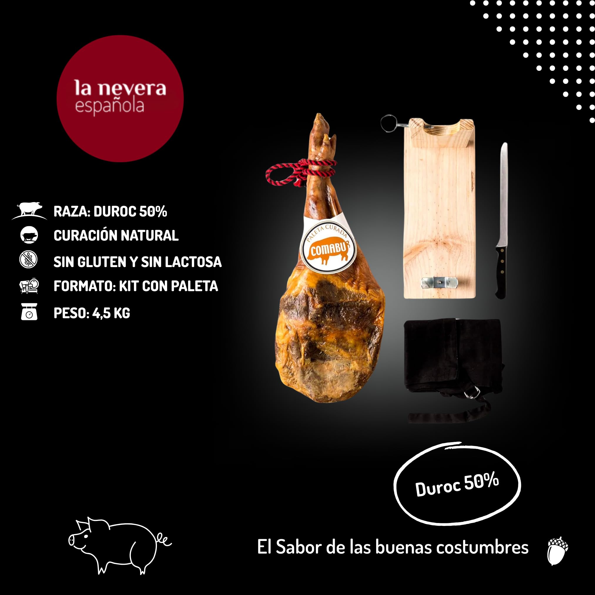 La Nevera Española | Paleta Curata, Porta Prosciutto, Coltello e Grembiule | Peso 4,5 KG | Curación Minima 10 Mesi | Prosciutto Comabu | Il Prosciutto della Nevera Española