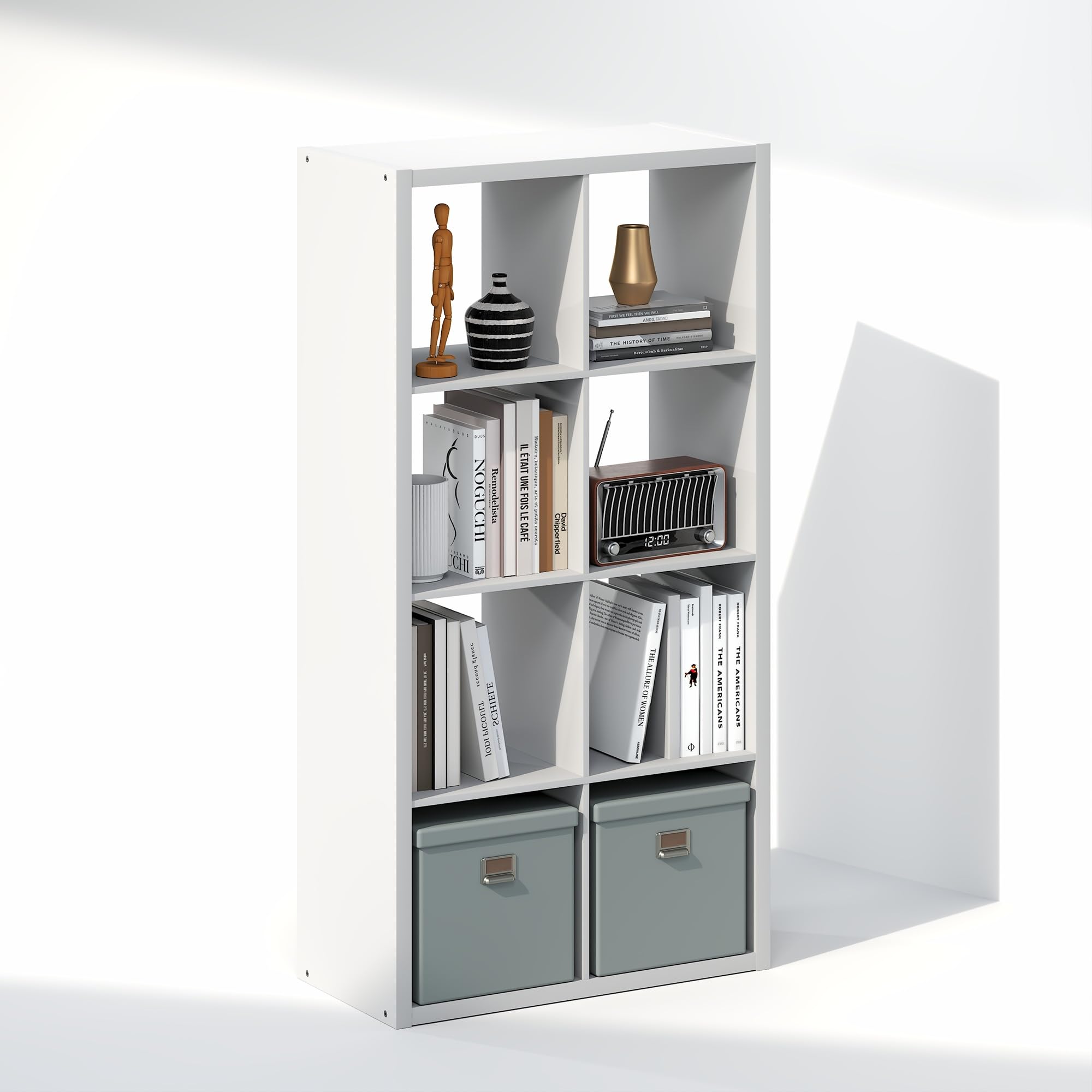 Furinno CUBICLE Mobile per Giradischi con Raccoglitore per Vinili, 8-Cube 1.2 Extra Spesso Raccoglitore per Dischi in Vinile, Scaffale Multimediale Aperto sul Retro per CD DVD Dischi, Bianco