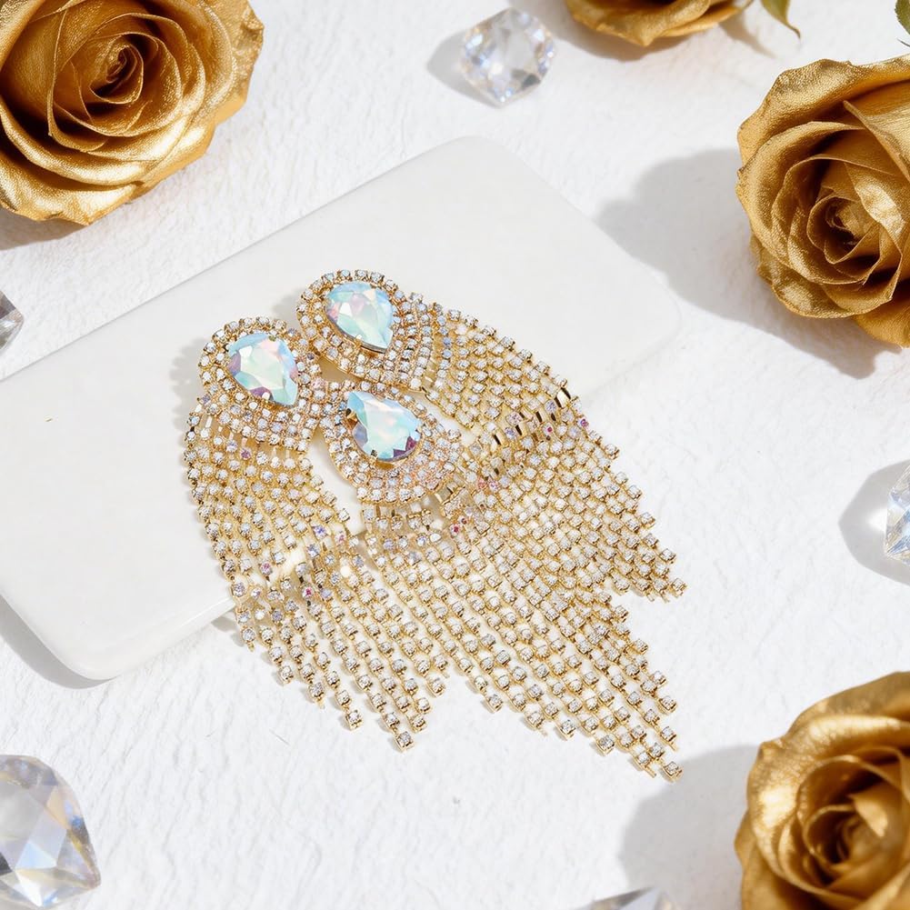 AHANDMAKER Rhinestone Tassel Shoulder Epaulet, Long Chain Crystal Fringe Shoulder Board Badge Sparkling Iron Brooch Pin for Party Stage Costume Theater Cosplay Uniform Accessories, Golden