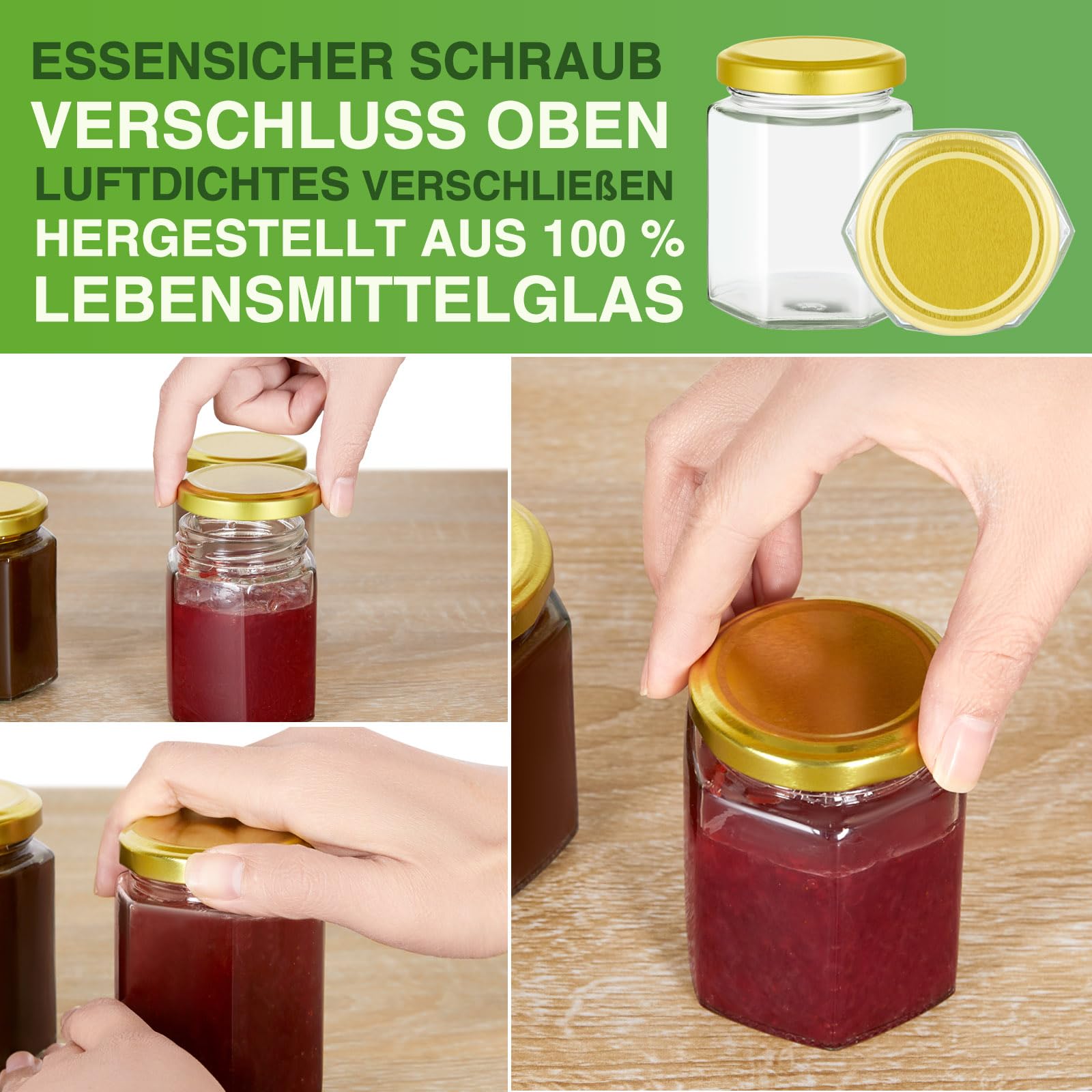 Artist Hand Juego de 72 tarros de cristal de 280 ml con tapa de rosca dorada, tarros hexagonales para mermelada, miel, jalea, chutney, pesto y especias