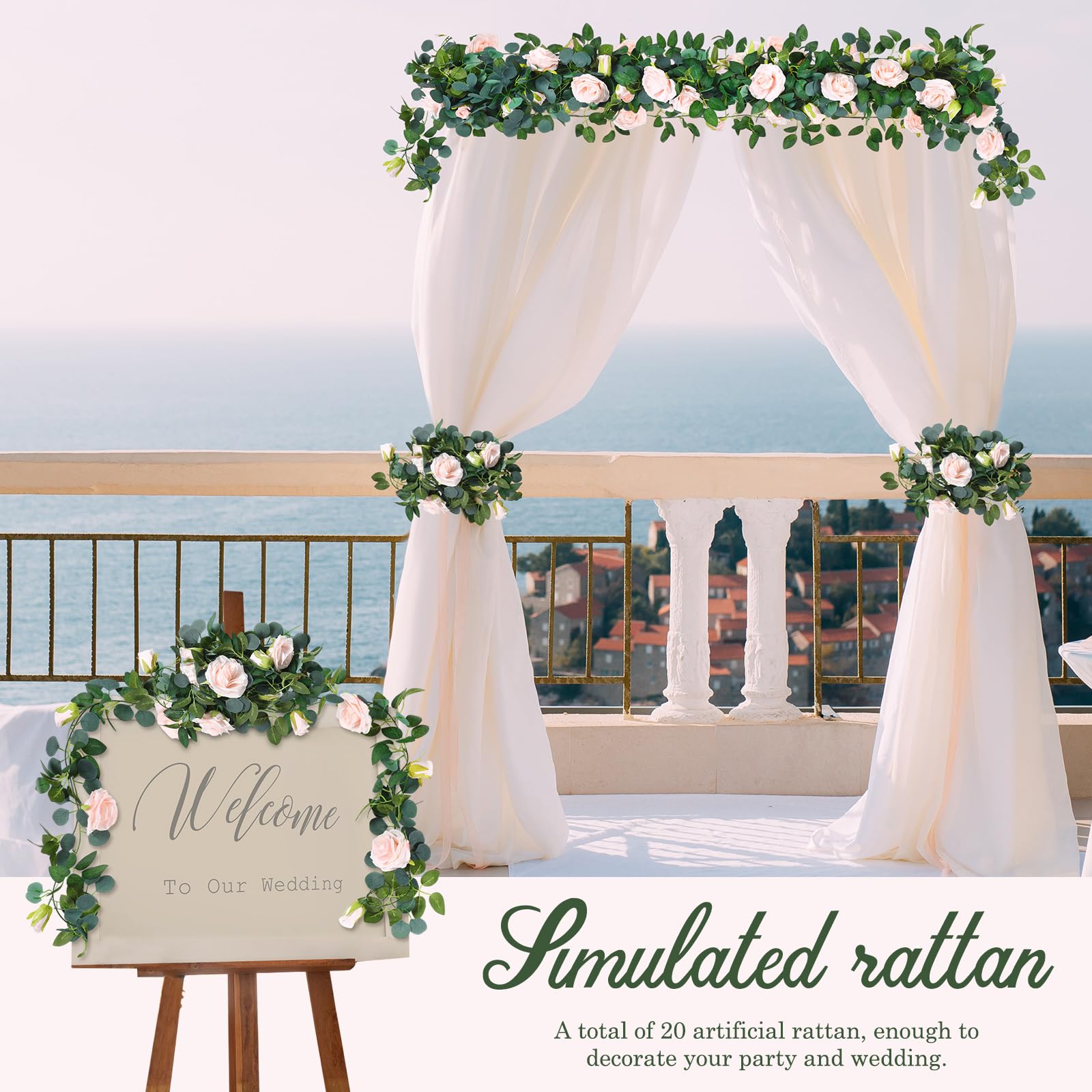 Künstliche Rosenranken-Girlanden, insgesamt 150 m, Silber-Dollar-Eukalyptus-Girlande mit Weidenblättern, künstliche Reben für rustikale Hochzeit, Babyparty, Tisch, Kaminsims, Heimdekoration, 10