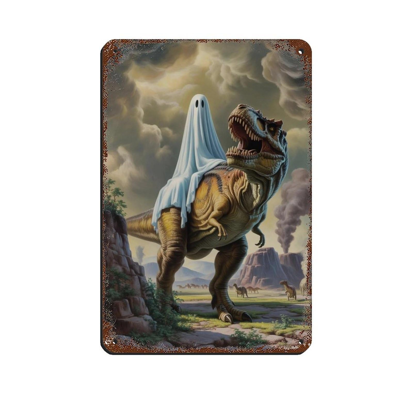 Ghost Riding A Dinosaur Poster Tin Sign Vintage Metal Pub Club Cafe Bar Home Wall Art Decoration Poster Retro 8x12inch(20x30cm)