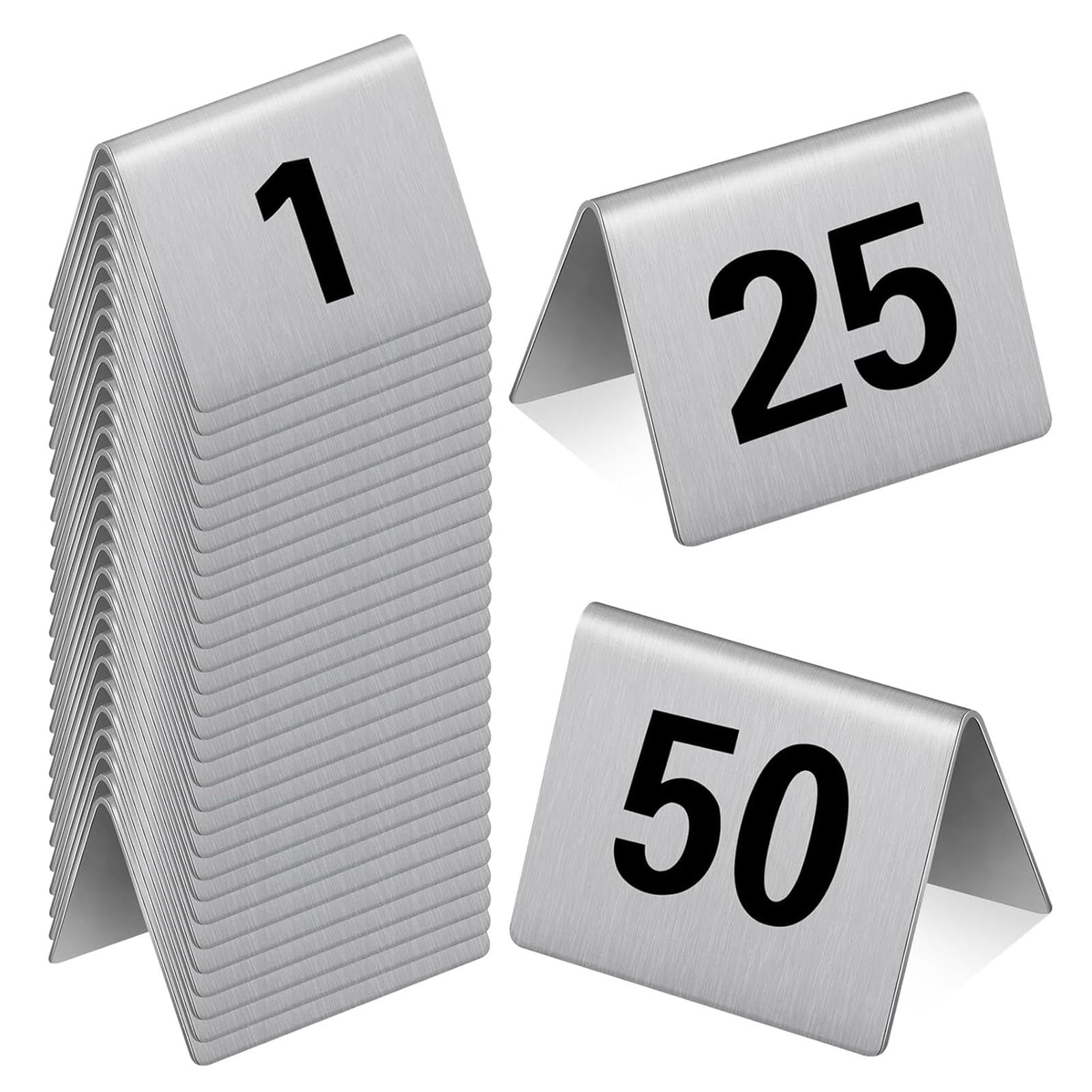 Vnook Tischnummern, Tischschilder, Sitzkarten, doppelseitige Tischnummern aus Edelstahl, 1–50/1–100, Tischkarten, Tischkartenhalter for Partys, Bankette, Hochzeitsempfänge(1-50)