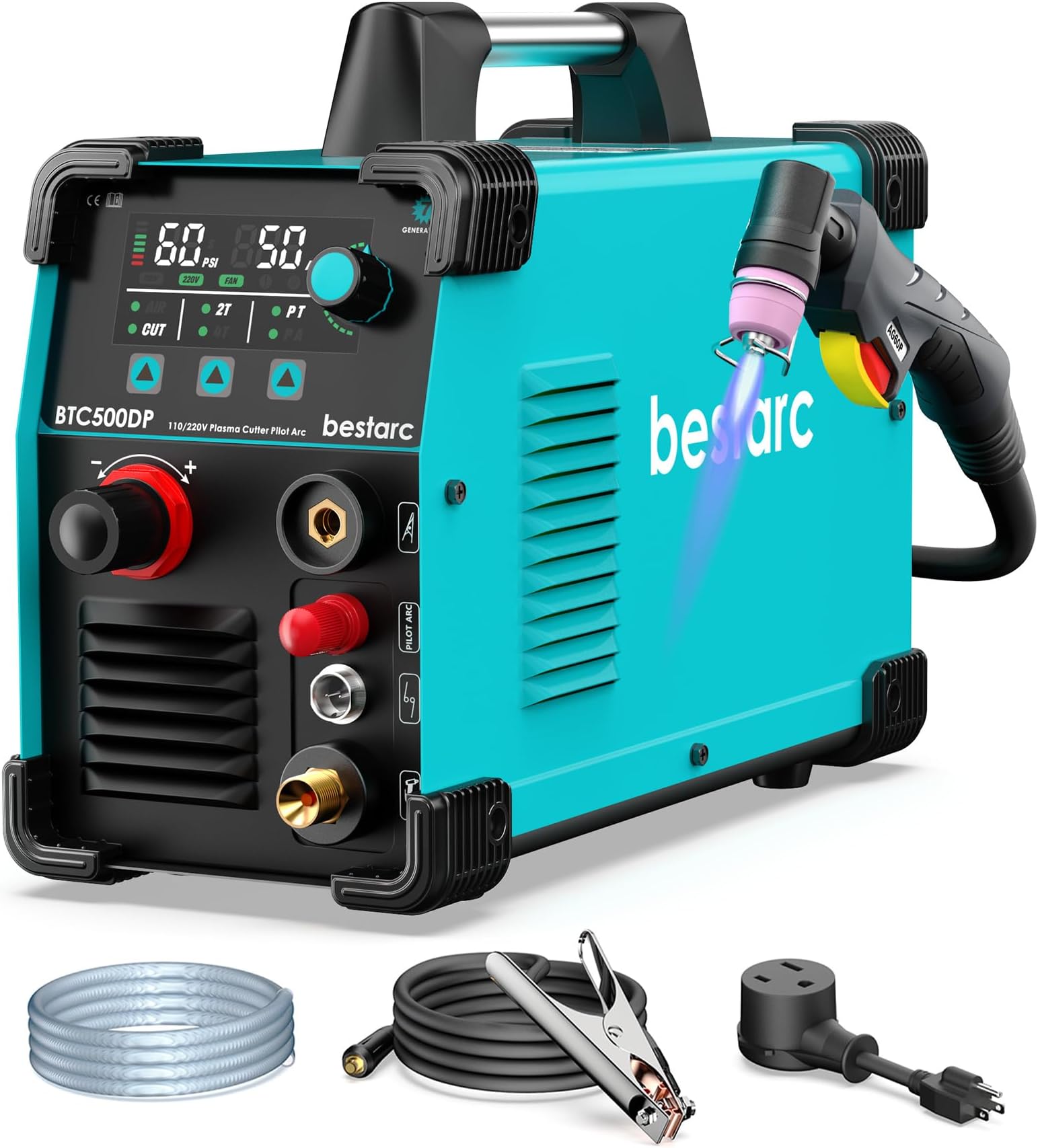 Plasma Cutter, Pilot Arc BTC500DP 7th Generation 50Amps Screen Display Dual Voltage 110/220V Digital Plasma Cutting Machine (BTC500DP 7Gen 110/220V)