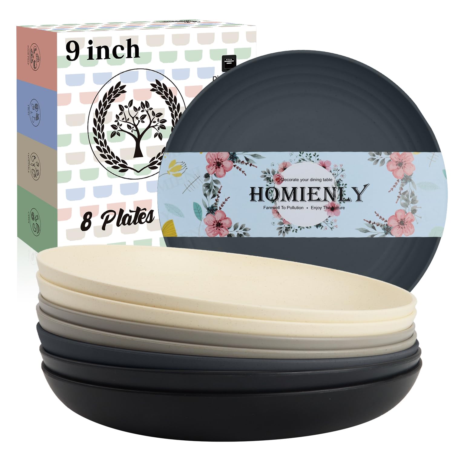 Homienly Wheat Straw Plates Set of 8, Reusable Lightweight and Unbreakable 9 inch Plates, Premium Microwave and Dishwasher Safe Plates for Kitchen, Camping, Picnic, Party - GreyStone