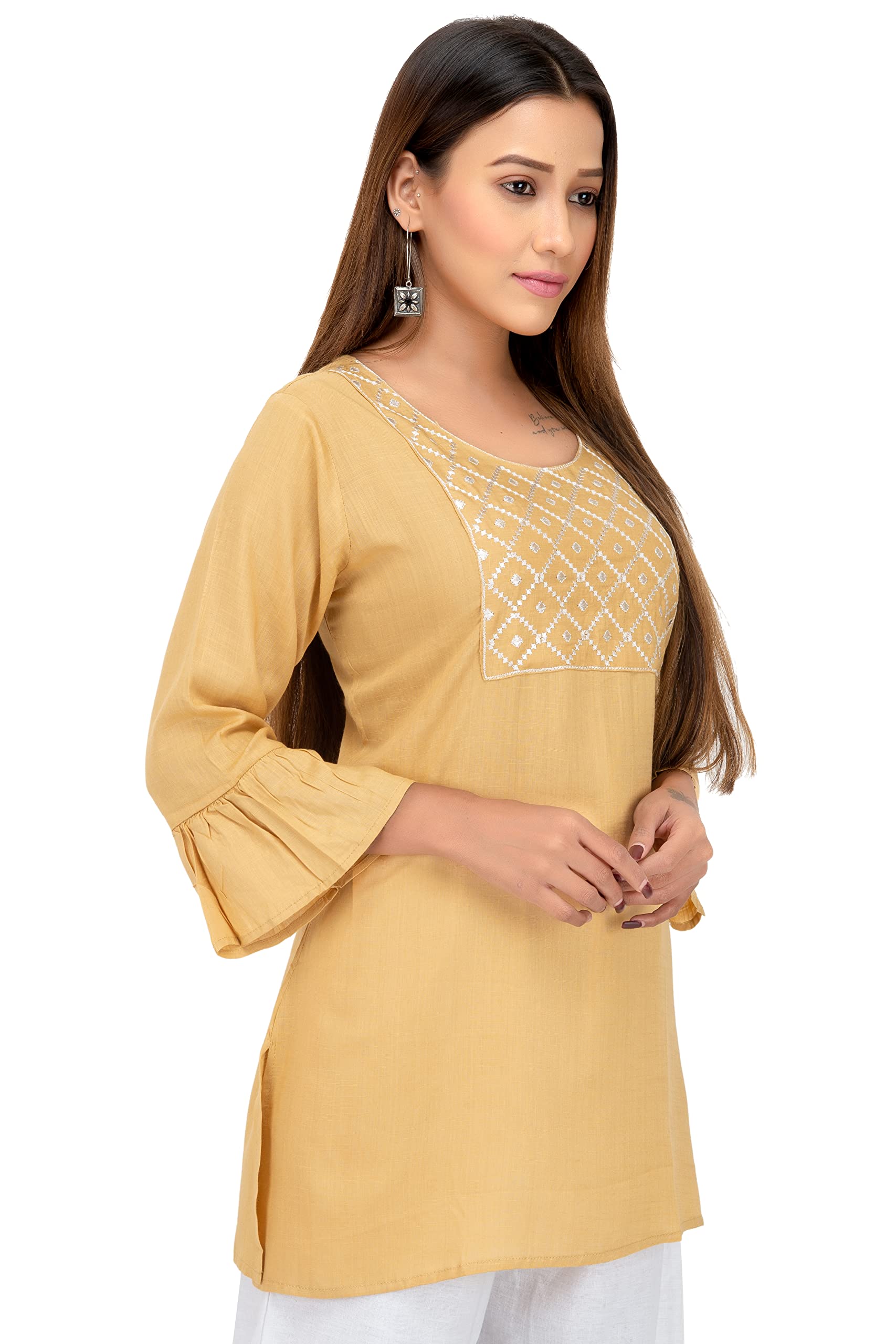 MITHRA Women's Rayon Casual Wear Light Occur Yellow Kurti with White Embroidery & Flarred Sleeves