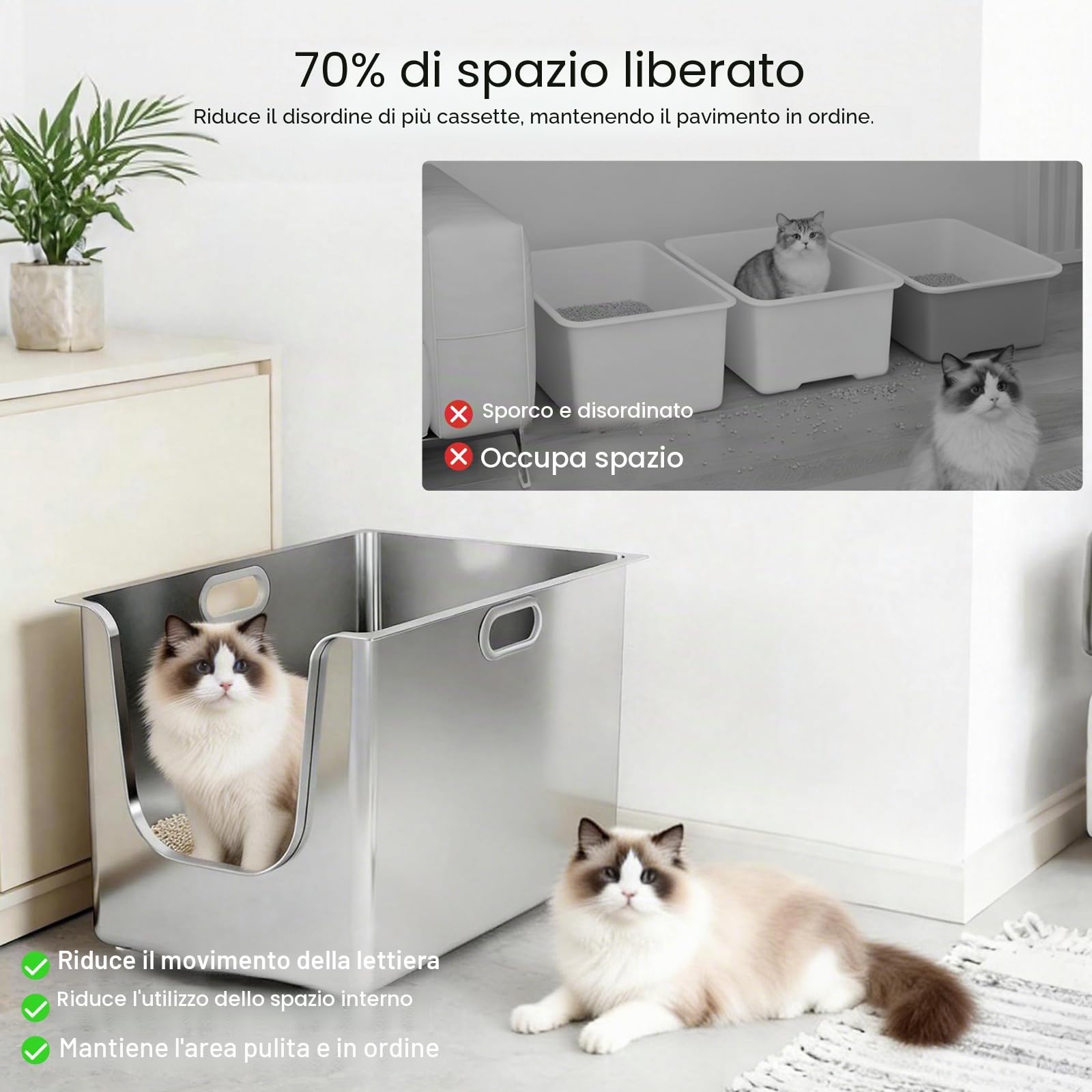 PTLOM Lettiera per gatti in acciaio inox, XL, con lati alti 35 cm, antiruggine, a prova di perdite, ingresso basso per gatti anziani, ruote per un facile spostamento, ideale per famiglie con più gatti