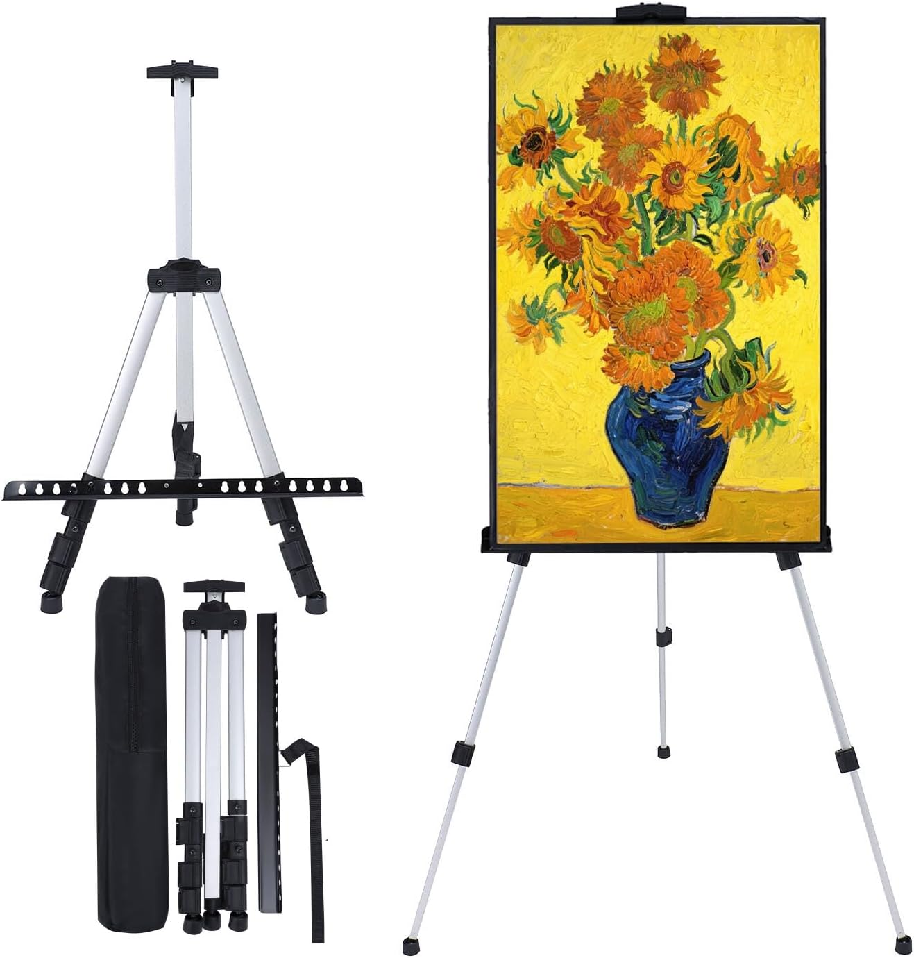 MXG Easel Stand for Painting, Signs & Display, Silver Aluminum 17 to 61 Inch Height Adjustable Tabletop & Floor Easel with Carrying Bag, for Artists, Students, Business, Wedding, Gallery
