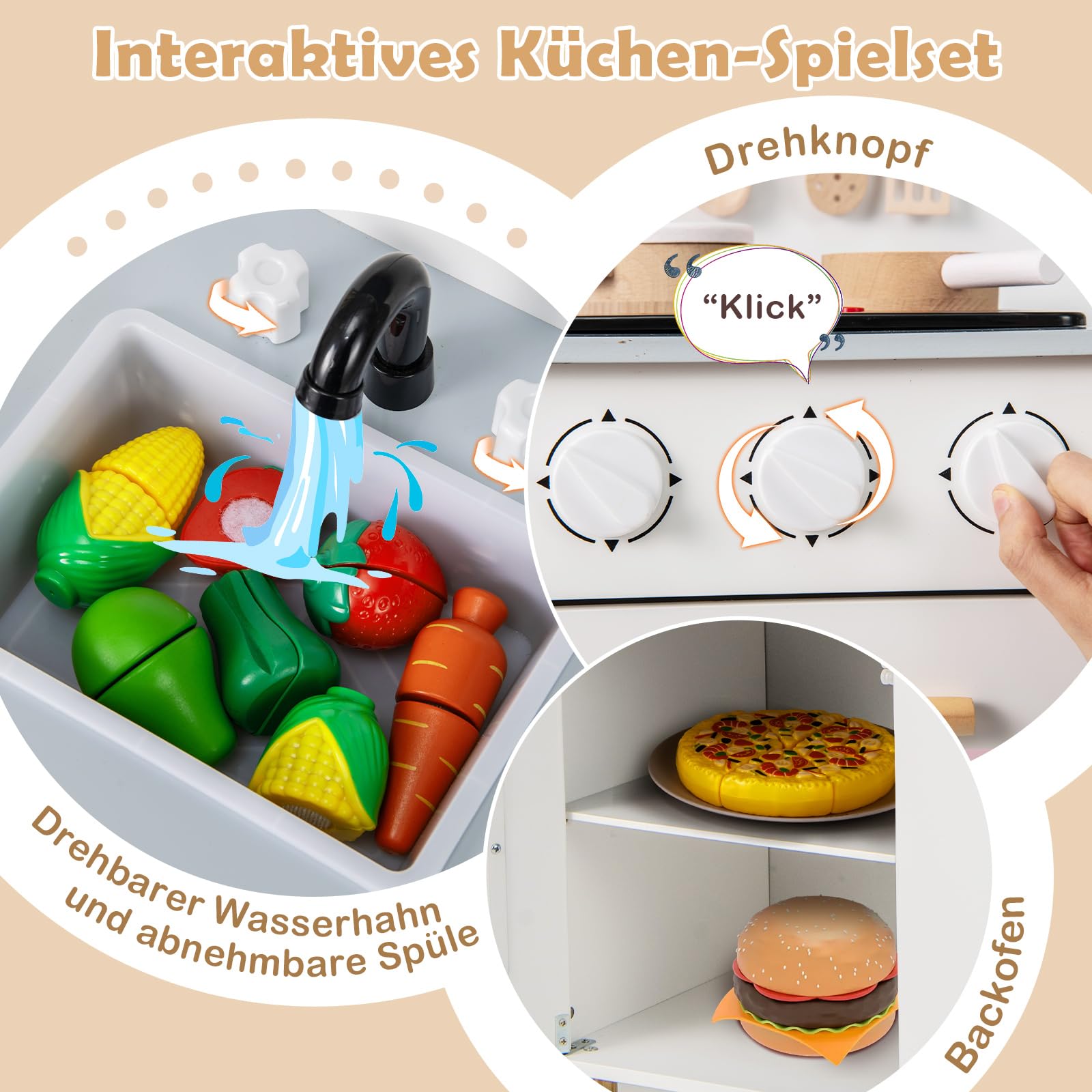 COSTWAY Kinderküche mit 10 Zubehör, Spielküche Holz mit Licht und Sound, Spielzeugküche mit Herd & Spüle & Backofen, Holzküche für Kinder ab 2 Jahren (Weiß)