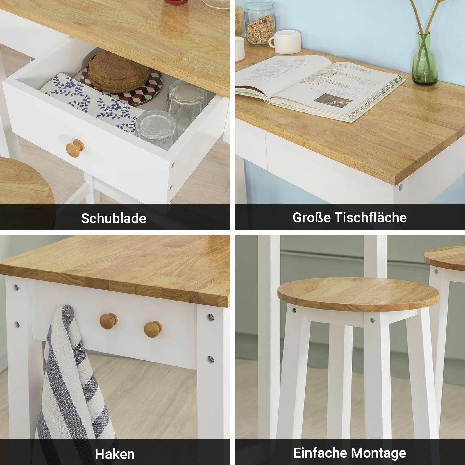 SoBuy Essgruppe Esstisch Set 3-teilig – Bartisch mit 2 Stühlen, platzsparendes Küchentisch Set für Esszimmer Balkon Garten Kompakt & Modern für kleine Räume FWT50-WN