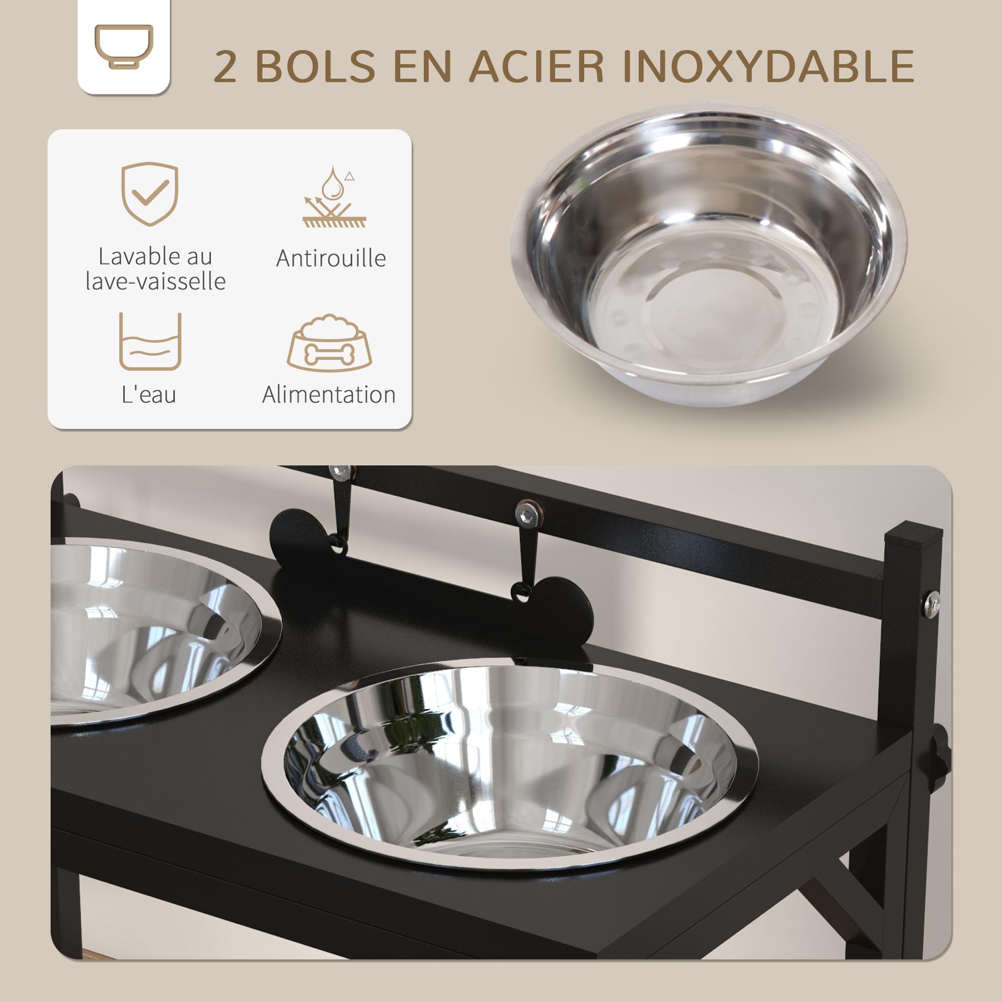 PawHut Gamelles surélevées Chien, 2 Bols en Acier inoxydables Amovibles, avec Plaque Forme d'os, Support réglable en Hauteur 11-33 cm, Noir