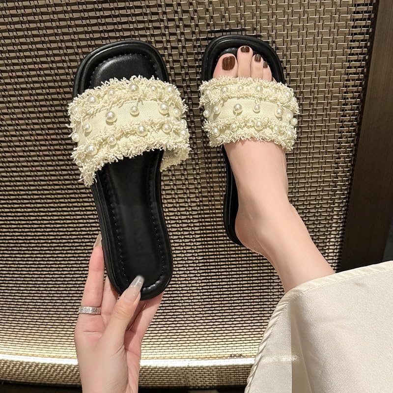 Slippers for Women Wearing Pearl Flat Bottomed Beach Sandals3