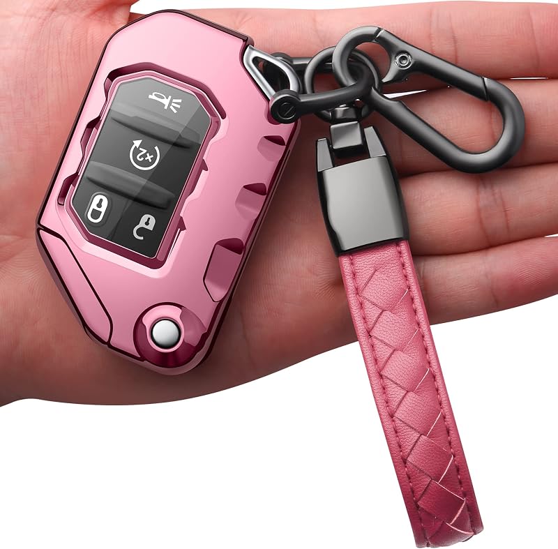 Capa para Chave Jeep Autophone em TPU com Chaveiro de Couro Rosa para Wrangler JL JLU, Rubicon, Wagoneer e Gladiator JT 2018–2026
