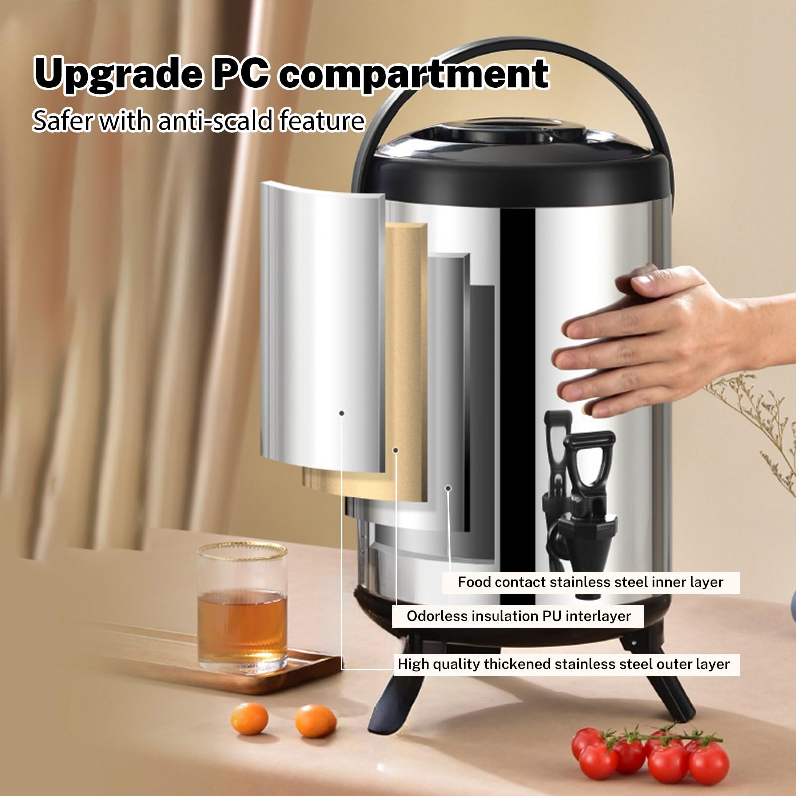 Distributeur de Boissons Isotherme 6/8/10L,Thermos Distributeur de Boissons Chaude et Froide,Inox alimentaire Conservation Longue durée Chaude et Froide,pour Camping et Restauration (6L)