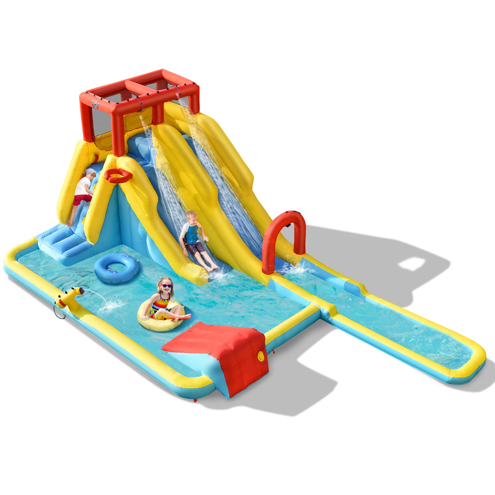GOPLUS 7 in 1 Aufblasbare Hüpfburg, mit Rutsche, Kletterwand, Wasserbecken, Wasserpistole & Basketballkorb, Aufblasbare Wasserpark mit Tragetasche, für Kinder von 3-10 Jahren (Groß, Ohne Gebläse)