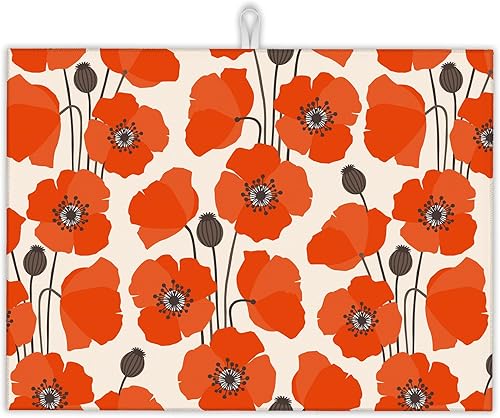 UIUPRO Tapete de secado de platos con flores de amapola roja para decoración de encimera de cocina, almohadilla de secado de platos, almohadilla