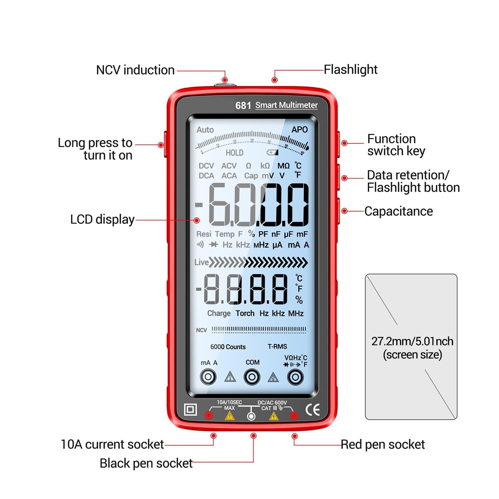 Multimetr Cyfrowy 6000 Zliczeń Smart Anti-burn Recharg Uniwersalny Miernik Tester NCV 5-calowa Podświetlana Latarka LCD(683 Red)